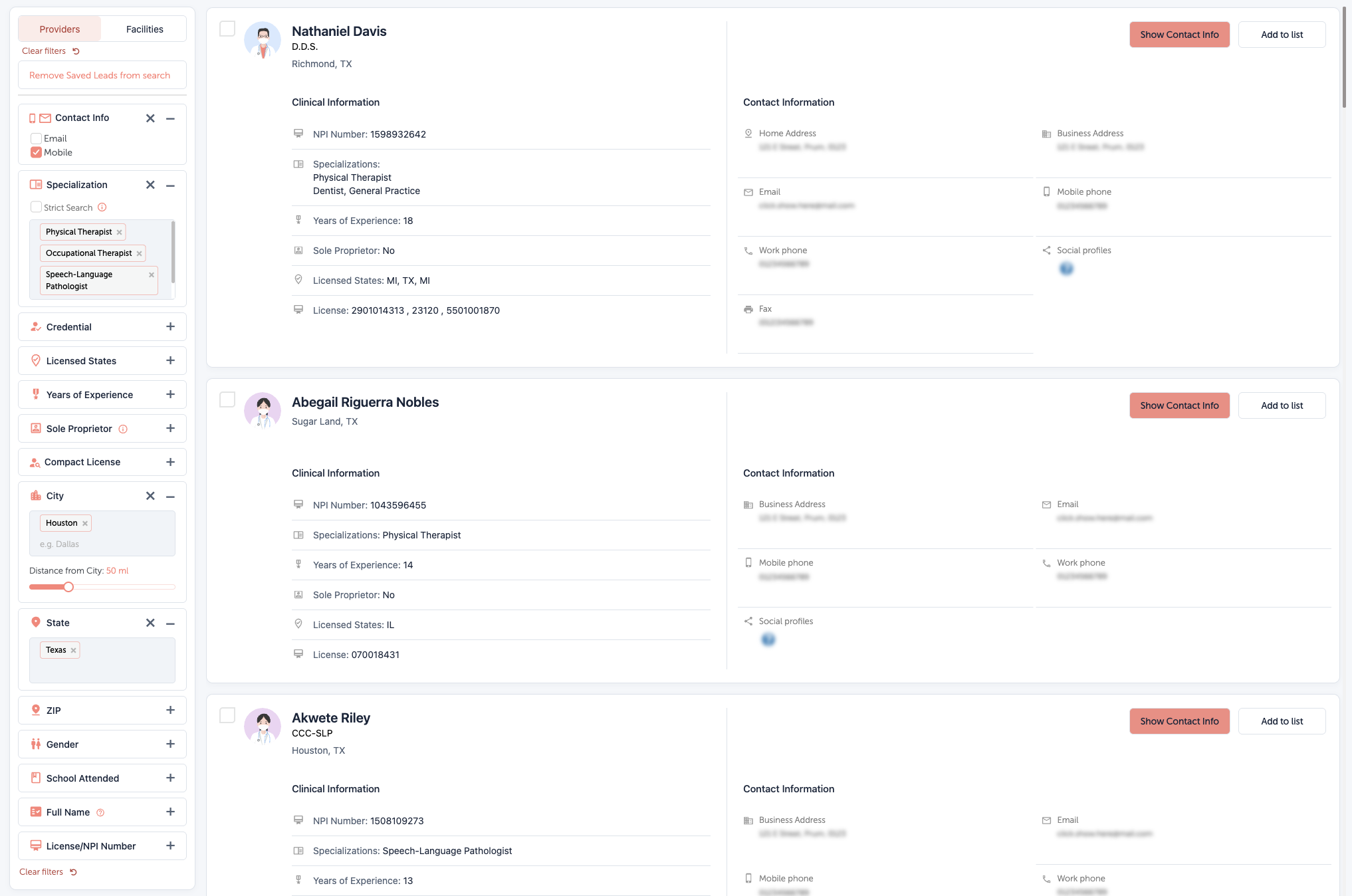 A PT, OT or SLP search filtered by location, with matching profiles and available mobile data.