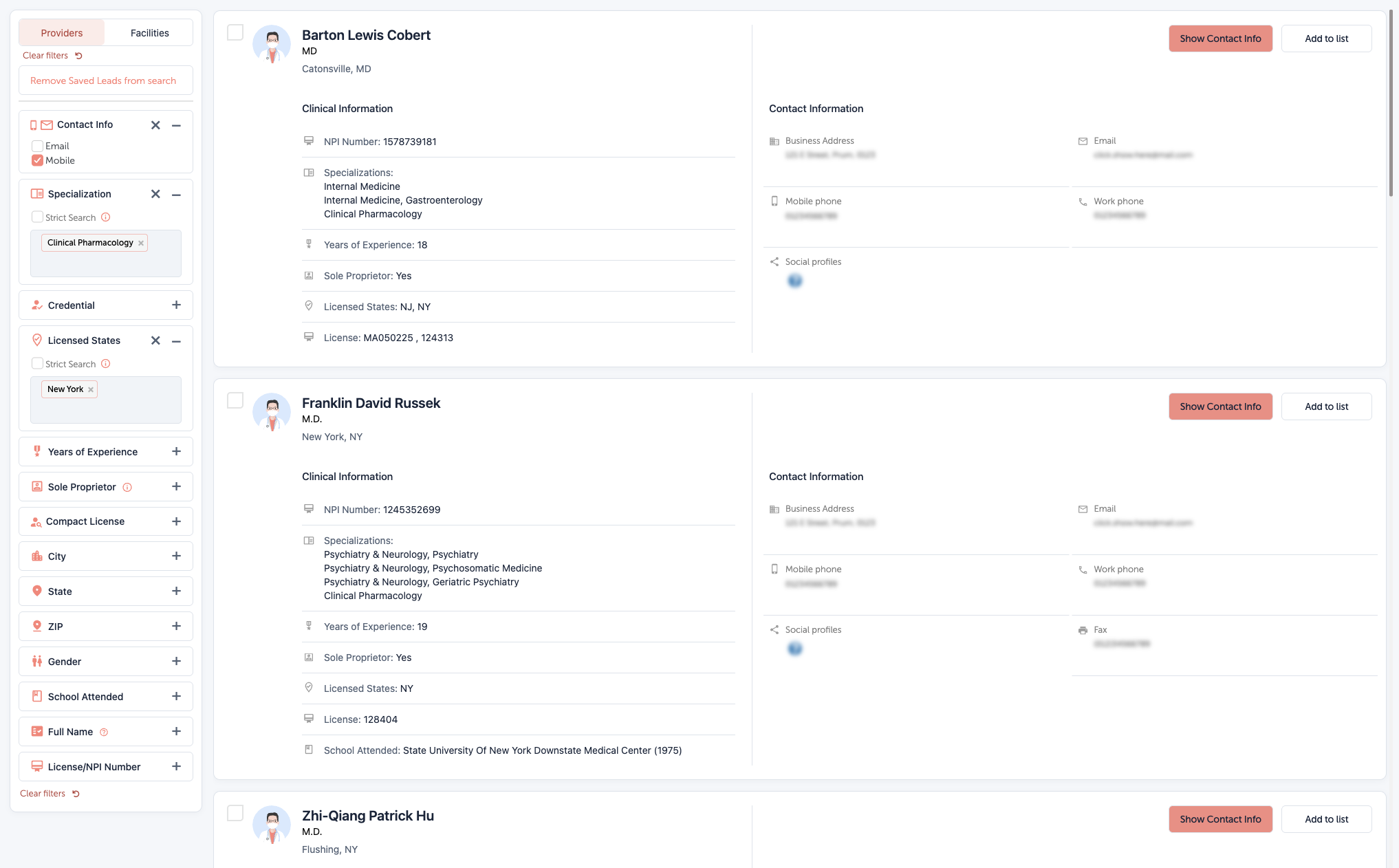Clinicians filtered by specialty and licensed state, with matching profiles and available mobile data.