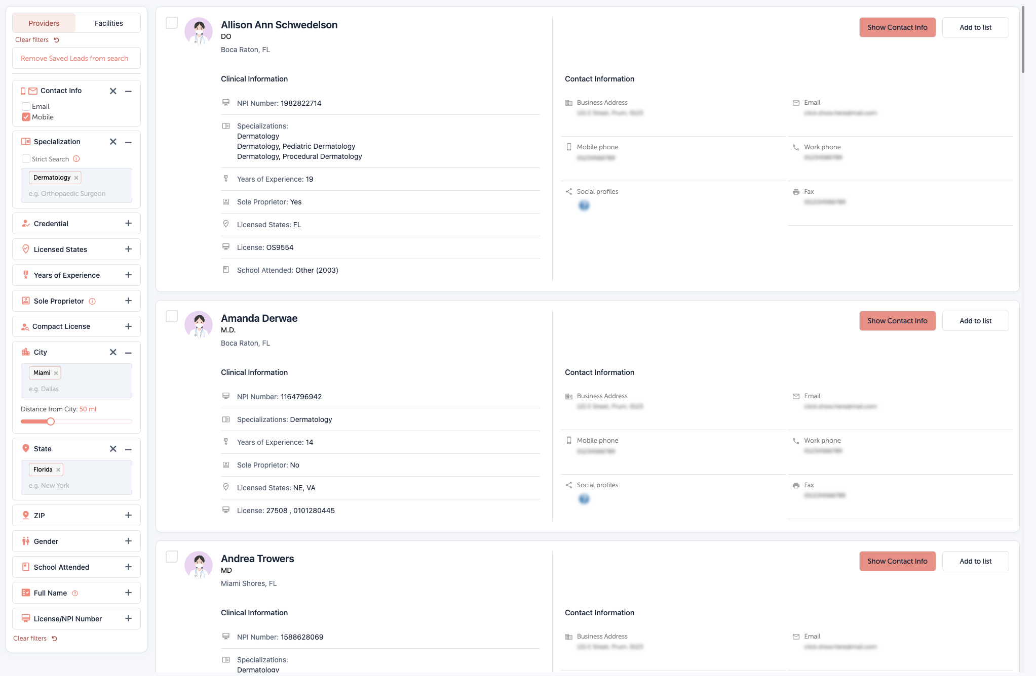 Physicians filtered by specialty and location, with matching profiles and available mobile data.